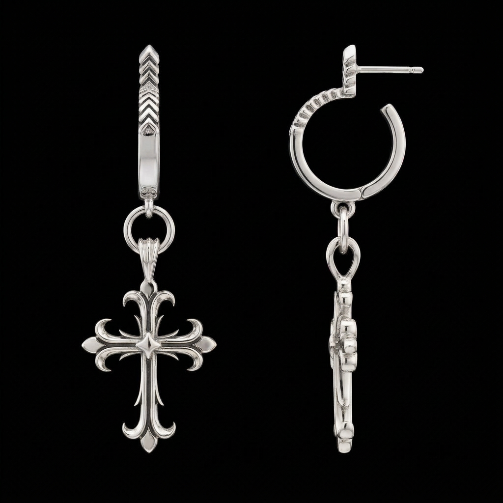 Gothic Fleur Cross Hoop Earrings