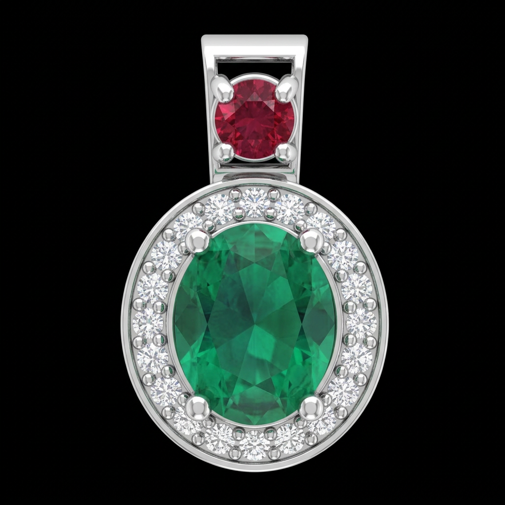 Oval Emerald & Ruby Halo Pendant