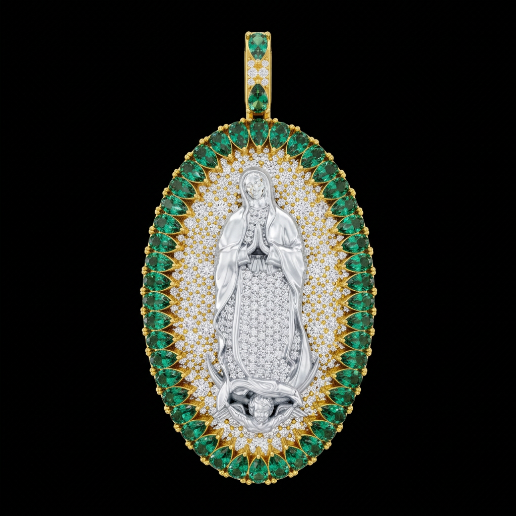 Virgin Mary Emerald Halo Pendant