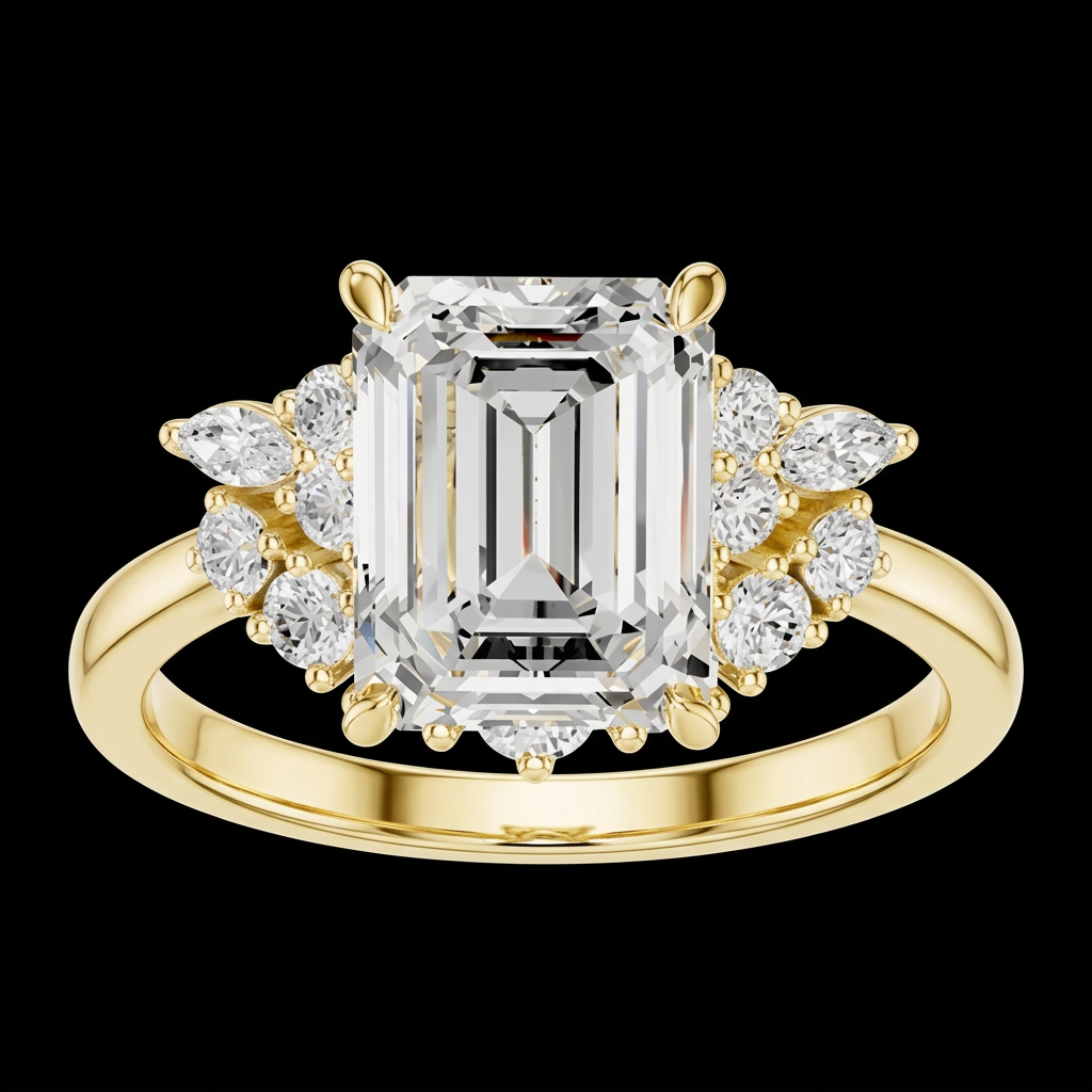 Emerald Cut Fan Engagement Ring